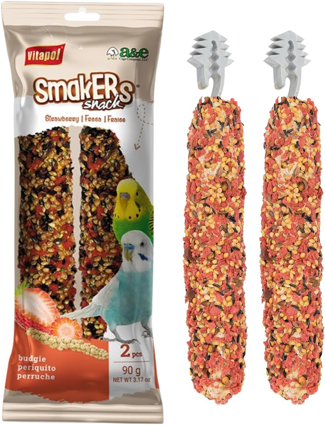 Vitapol Smakers Strawberry Treat Sticks for Parakeets & Budgies, 2 Pack | Real Dried Strawberry, 3-Layer Seed & Wheat Recipe, Metal Cage Hanger, Encourages Foraging, by A&E Cage Co