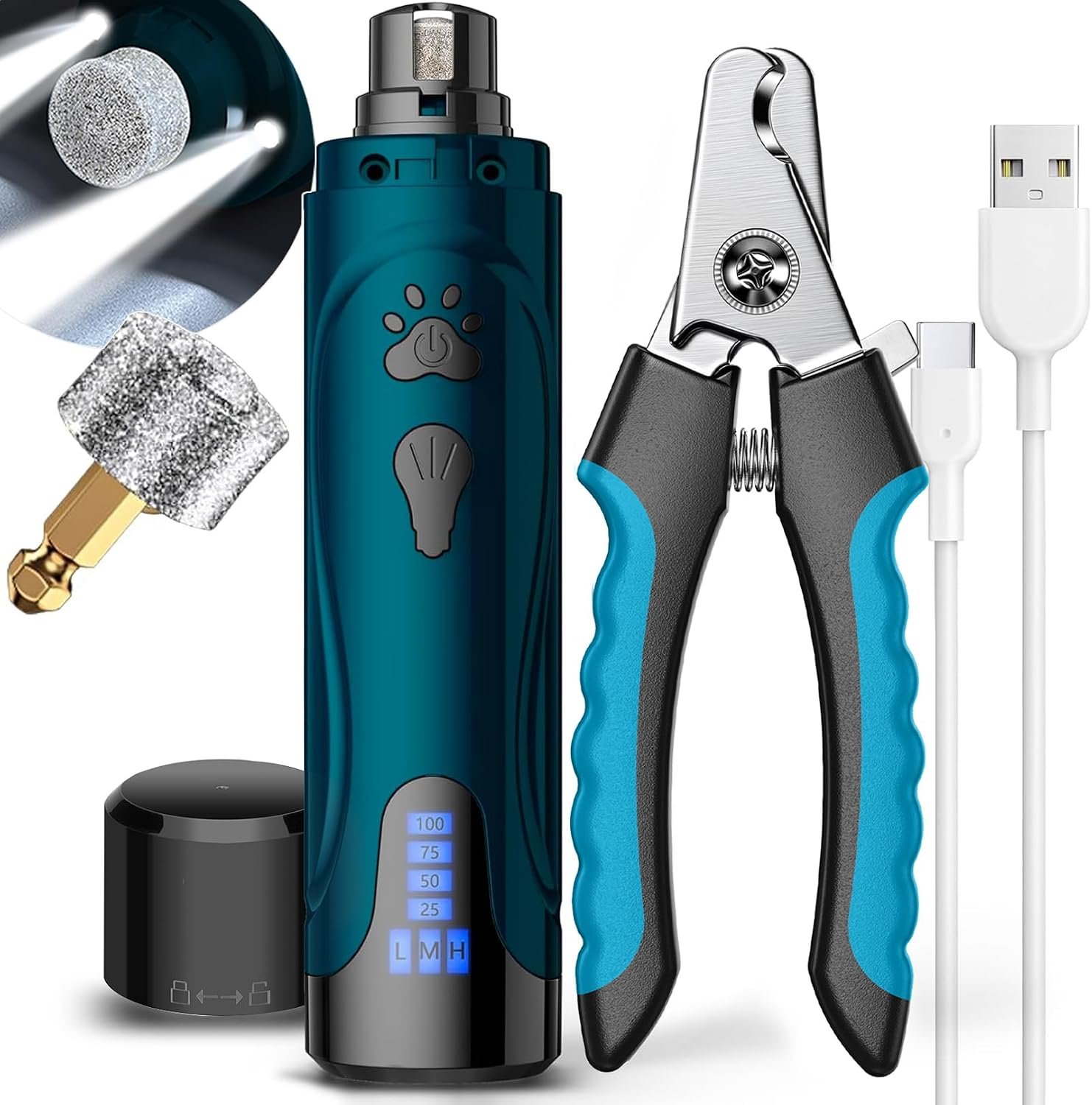 Super Quiet Dog Nail Grinder & Clippers Kit with 2 LED Lights, 3 Speeds Up to 12,000 RPM, Lower Than 30dB Electric Pet Nail Trimmer for Small Medium Large Dogs and Cats