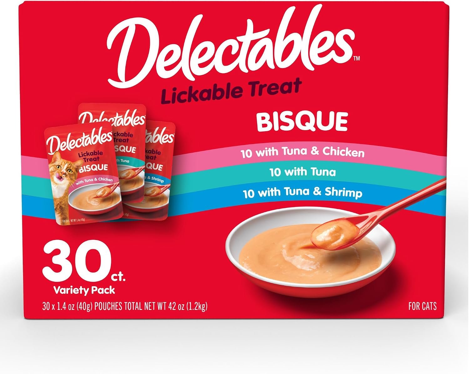 Delectables Lickable Treat Bisque Wet Cat Treat Variety Pack, Food Topper, Hydrating, Grain-Free, No Fillers, No By-Products, No Added Preservatives, 1.4oz Pouch, 30ct