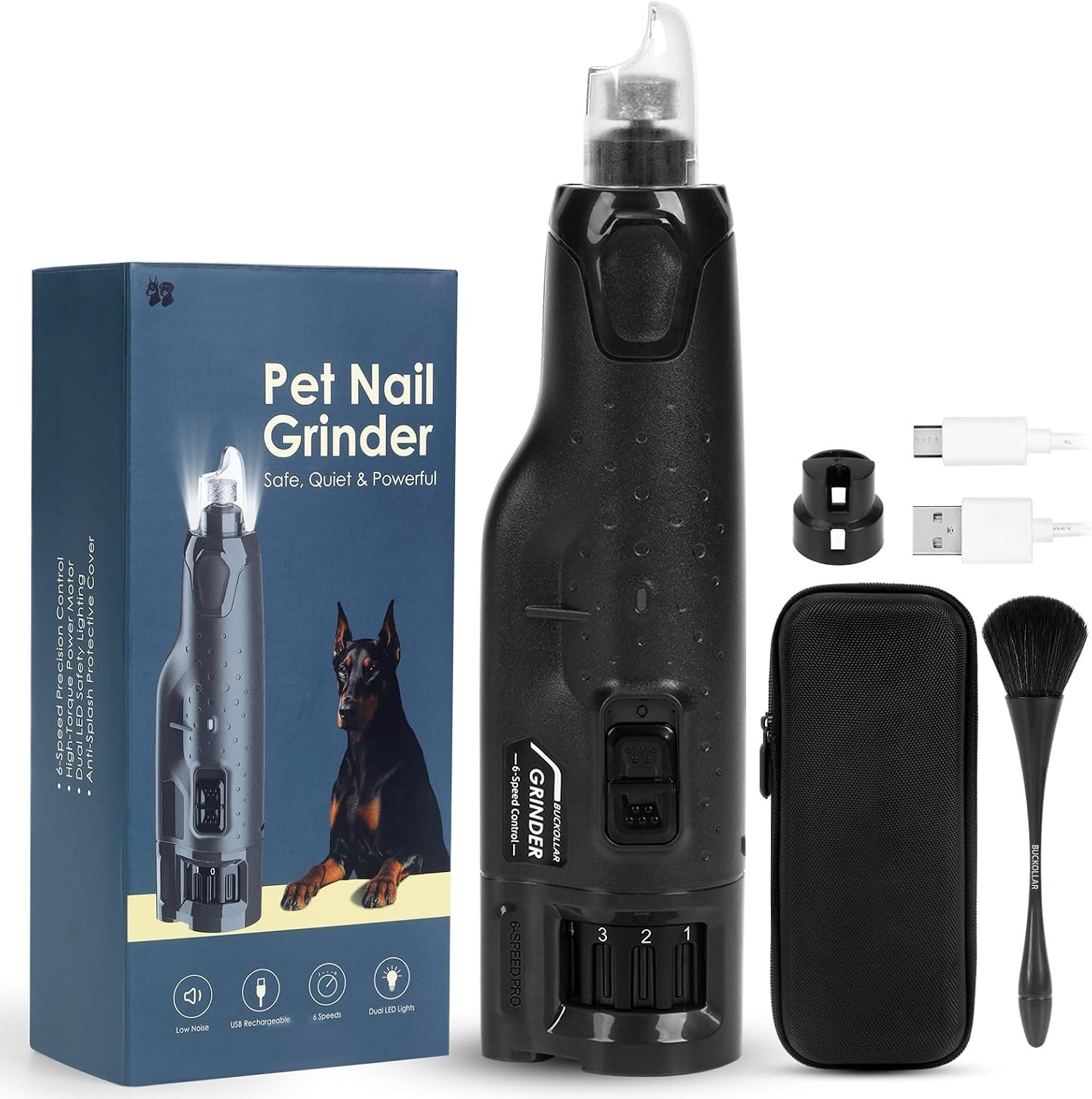 Dog Nail Grinder for Large Dogs, Quiet 6-Speed with LED Light | Low-vibration, powerful grinding, rechargeable design, and dust guard for cleaner, more comfortable at-home nail care