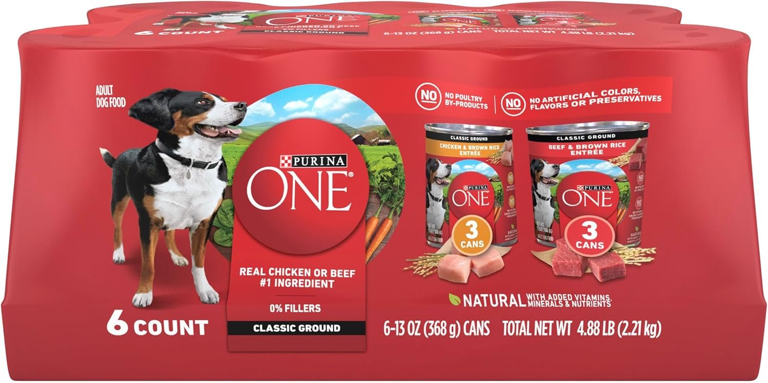 Purina ONE Wet Dog Food Variety Pack, Classic Ground, (6) 13 oz Cans | Two ground entrees, Chicken & Brown Rice and Beef & Brown Rice, with complete and balanced adult nutrition and no fillers