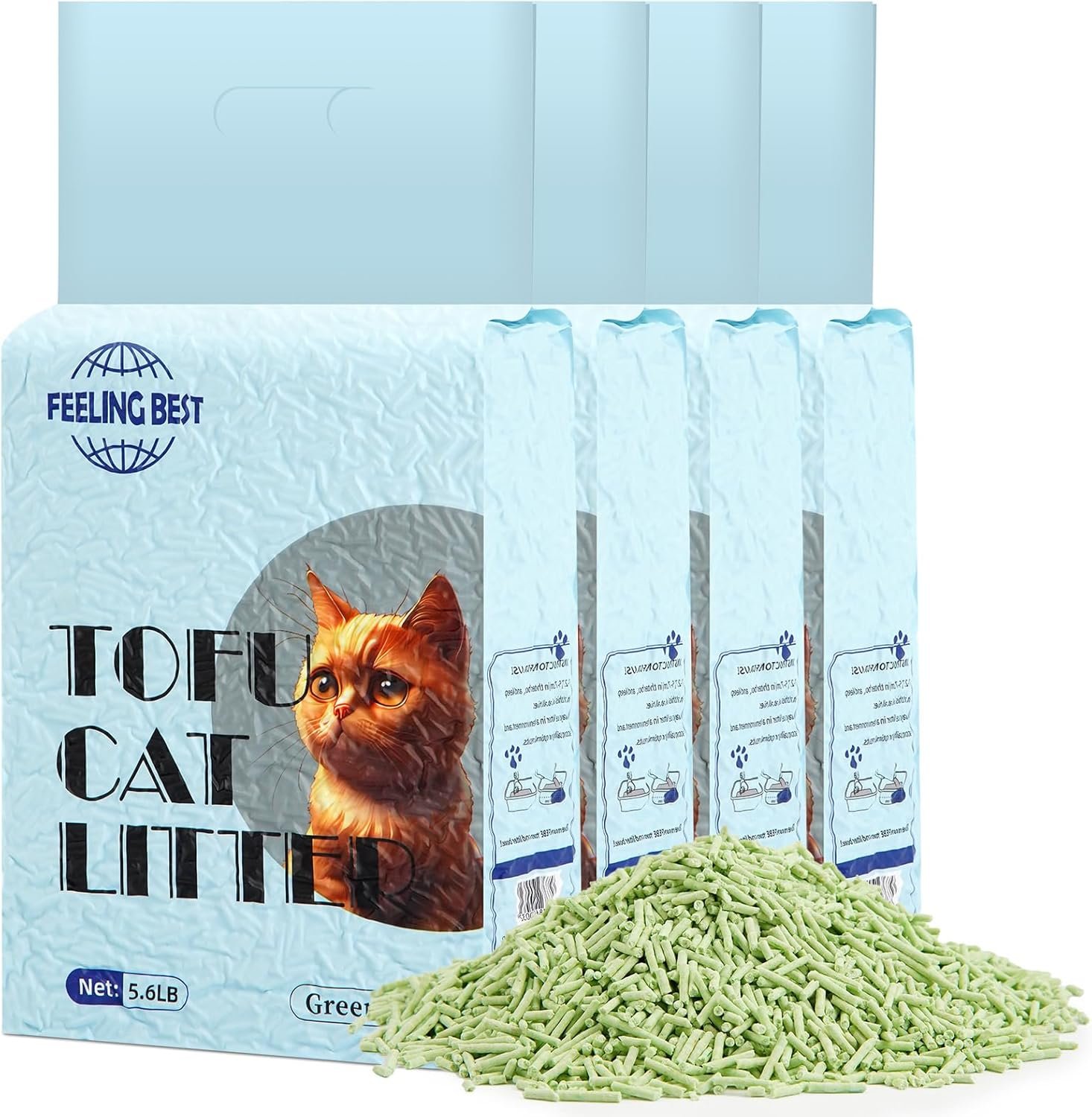 Tofu Cat Litter 22.4LB(5.6lb×4bag) Green Tea Clumping, 100% Natural Raw Materials, Flushable,Ultra Absorbent and Fast Drying,Solubility in Water,Really Dust-Free,Less Scattering