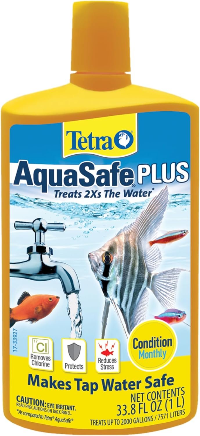 Tetra AquaSafe Plus Water Conditioner & Dechlorinator For Aquarium, 33.8 oz | Treats 2X the Water as Standard AquaSafe, Makes Tap Water Safe, Reduces Fish Stress, Removes Chlorine, Use Monthly