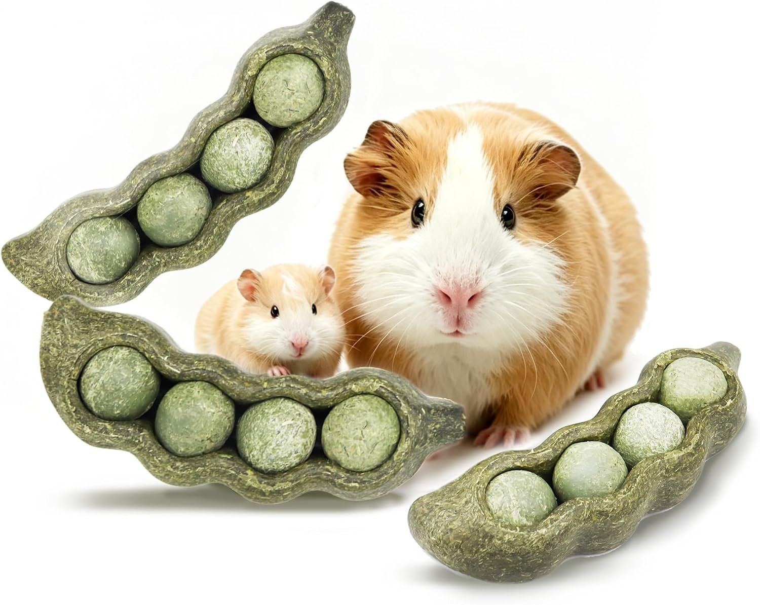TEEWY Guinea Pig Toys, Prevent Teeth Overgrowth, Natural Vegetables and Timothy Grass, Hamster Chew Toys, Guinea Pig Chew Toys, Chinchilla Toys, 3PCS, Peapod-Shaped