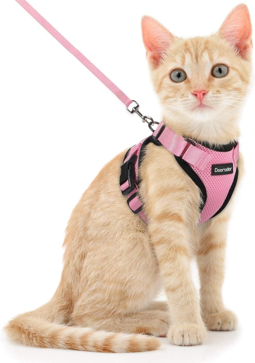 Dooradar Cat Harness and Leash Set, Adjustable and Escape Proof, Xs | Easy Fit, Snap Buckles, Soft Breathable Vest, Sturdy Clip, Reflective Strips, for Small & Average Cat Walks, Pink