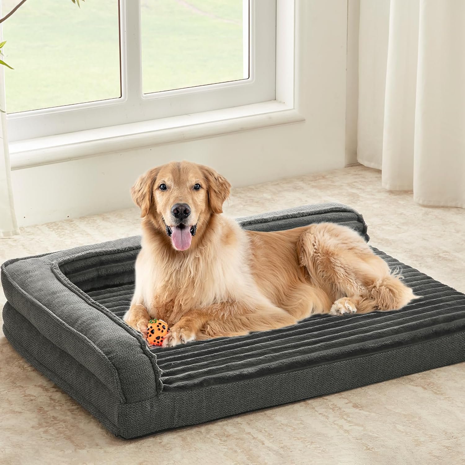 WINDRACING Orthopedic Dog Beds for Large Dogs 40×28 inch, L Shape Waterproof Dog Bed with Bolster Sides, Washable Big Pet Bed with Removable Cover & Non-Slip Bottom, Gray