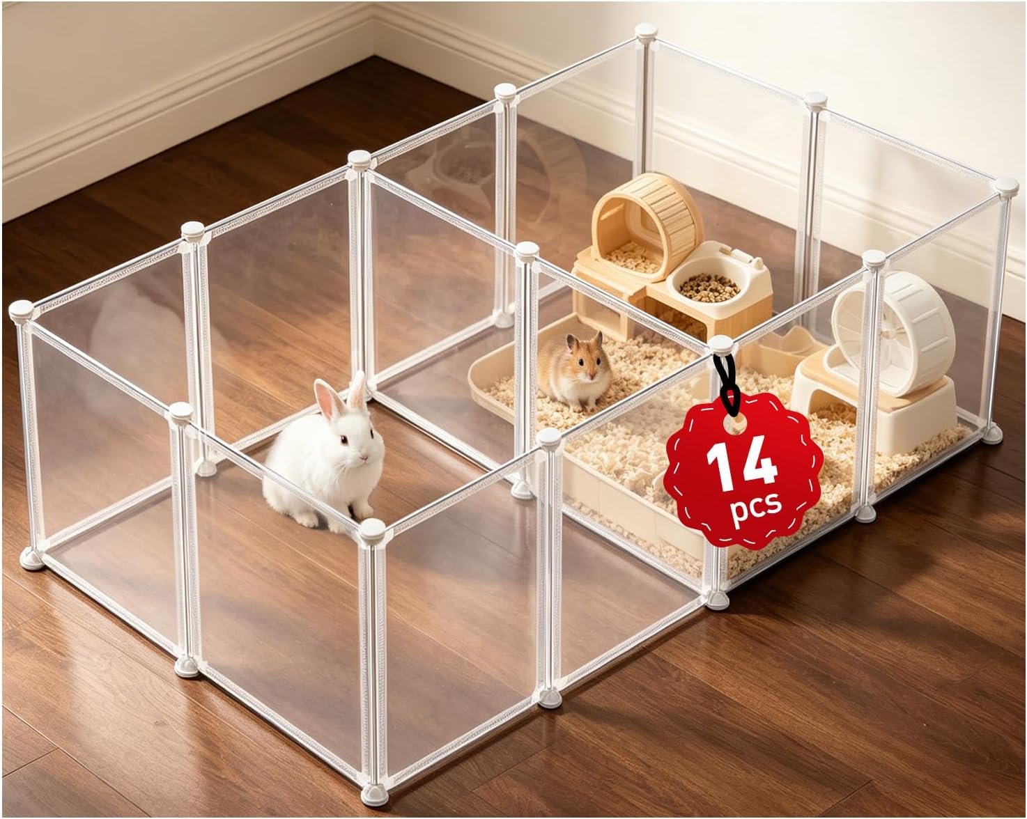 14 Pcs 16.5″ H Small Animal Playpen, Indoor Puppy Playpen for Rabbits | Clear Transparent DIY Playpen Panels, 16.5″ Tall Anti-Jump Height To Keep Rabbits, Kittens, Chicks And Hamsters Inside