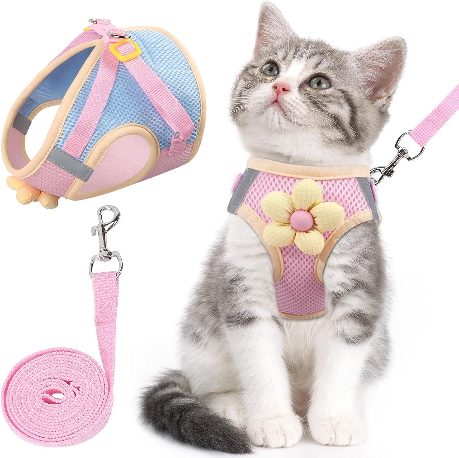 Cat Harness and Leash Set, Escape Proof Soft Vest Walk Pink XS | Adjustable, Easy Wear, Breathable Comfy Mesh, Reflective Strips, Sturdy Clip Buckle Flower Harness for Cats Kitty Puppy Bunny