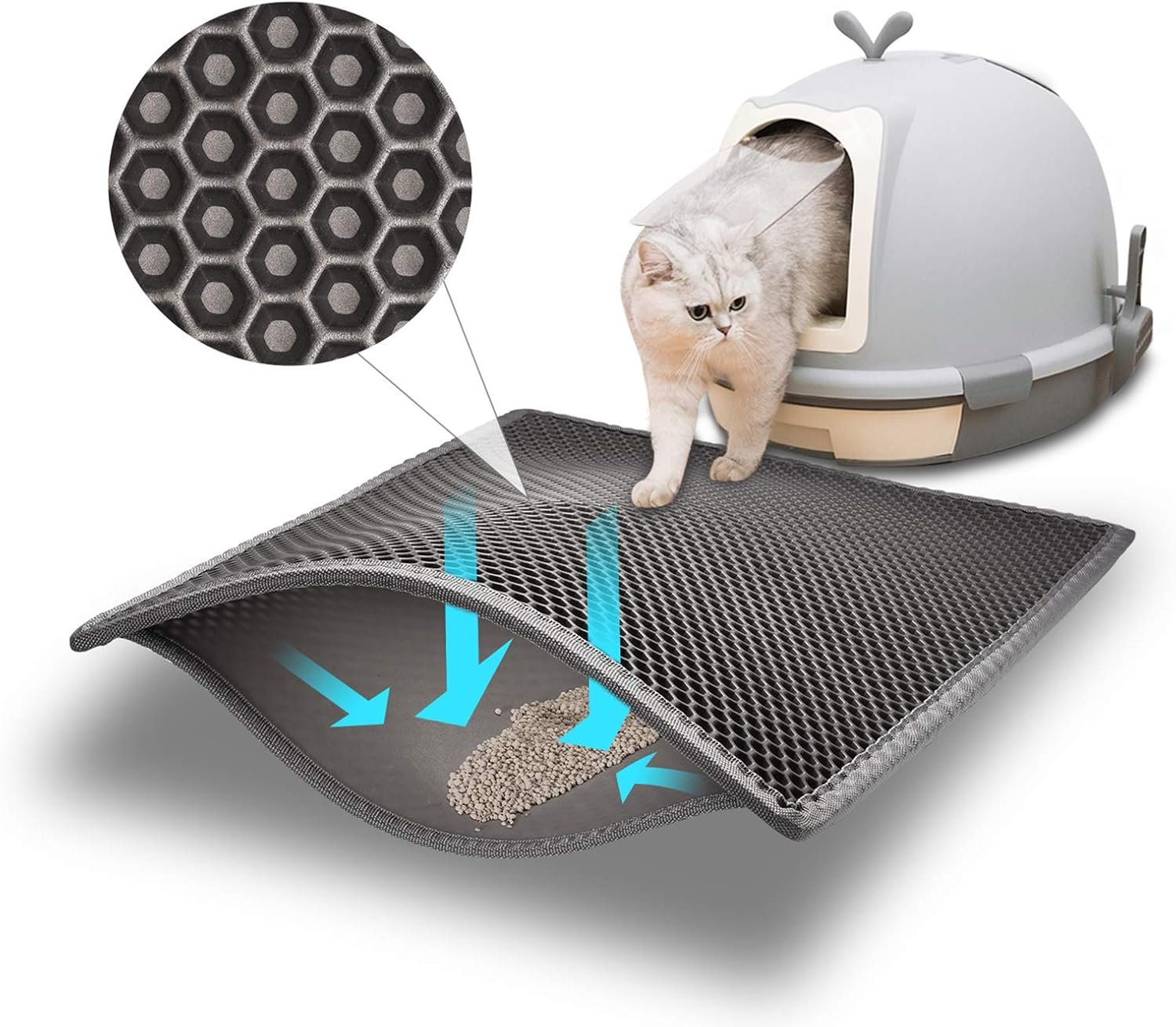 Pieviev Cat Litter Mat, Double-Layer Waterproof Litter Trap, 24″ x 15″ Gray | Honeycomb Design Catches Scattered Particles to Stop Tracking, Urineproof Base Protects Floors, Easy to Clean