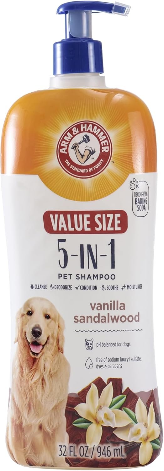 Arm & Hammer 5-in-1 Dog Shampoo, Vanilla Sandalwood, 32 Fl Oz | Deodorizing, skin soothing, and moisturizing formula, aloe and shea butter, oatmeal-based, value size