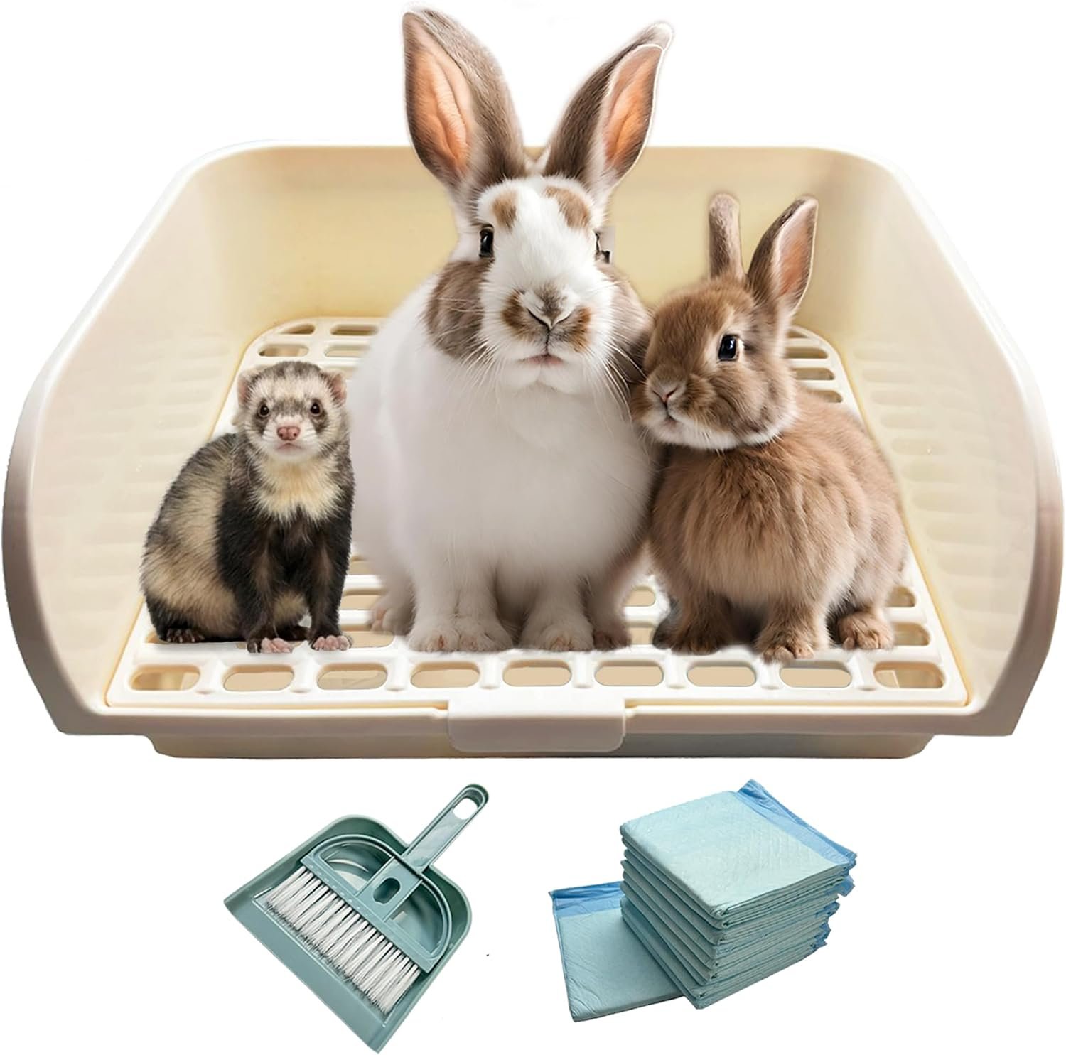 Kiwi & Mora Rabbit Litter Box – Extra Large Bunny Litter Box with Grate | 17.1″x12.8″, Pee Pads & Cleaning Set – Potty Training Litter Pan for Large Breed Rabbits, Guinea Pig, Ferret, Chinchilla
