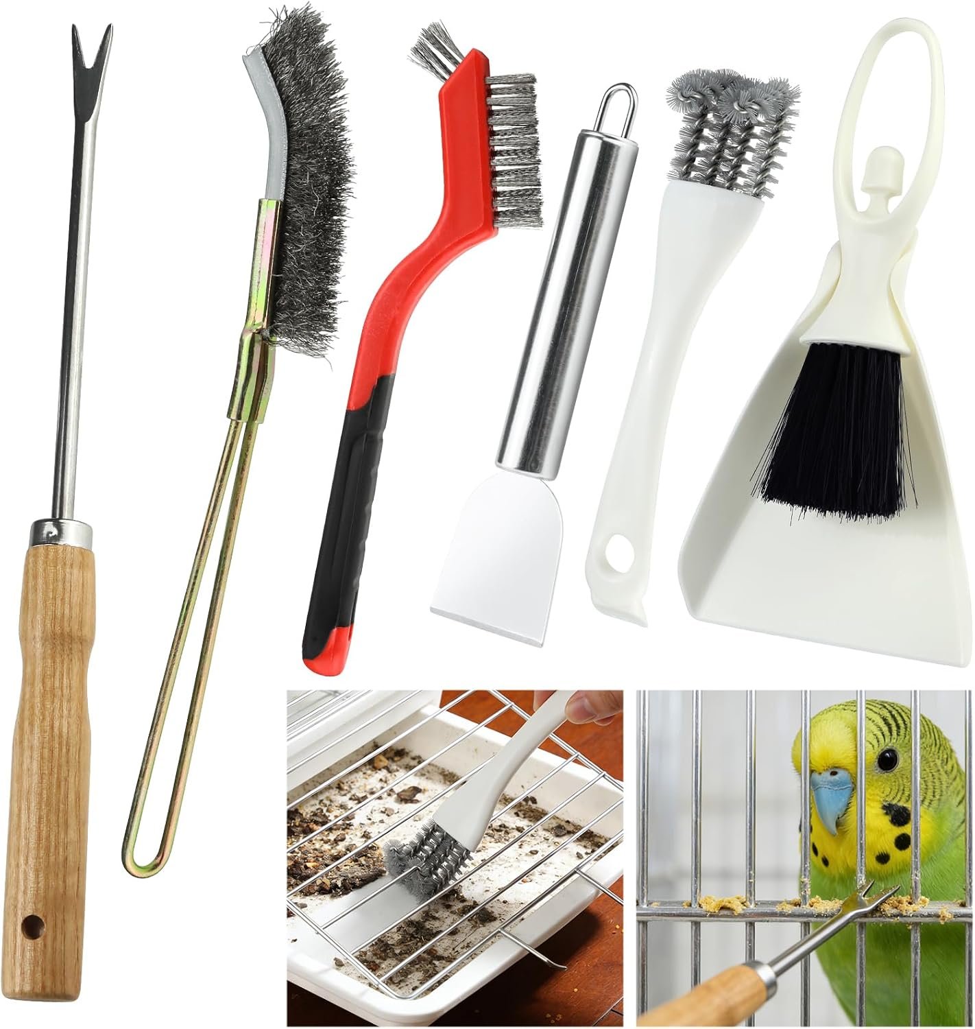 6PCS Bird Cage Cleaning Brush Kit Stainless Bird Cage Cleaner Tools Set Accessories for Small Medium,Large,Tall,Stainless Steel,Parakeet,Budgie,African Grey Parrot,Cockatoo Birds Cages Accessories