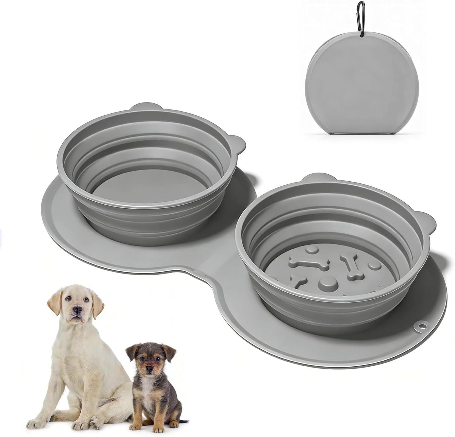 Premium Silicone Collapsible Dog Bowl with Carabiner Clip, 2-in-1 Foldable Double Pet Food & Water Travel Bowl, Portable No-Spill Design for Walking Hiking Camping, for Small Medium Dogs