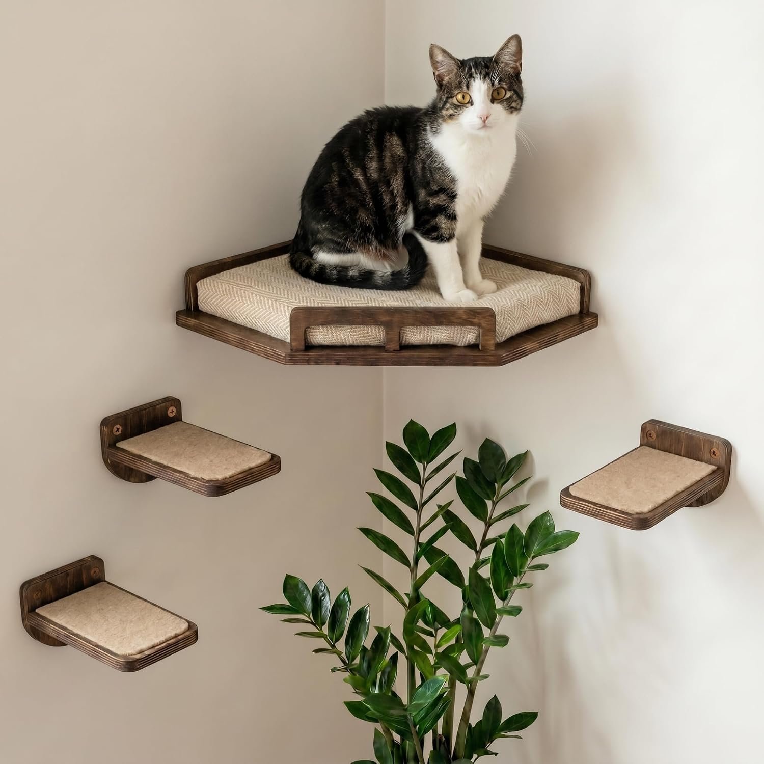 INICIO Cat Wall Shelves – Corner Shelf with 3 Cat Wall Steps – Dark Brown | Safe and Sturdy Cat Shelves for wall, Steps and Shelf for Indoor Cats up to 15lbs – Cushioned Perch for Climbing and Playing