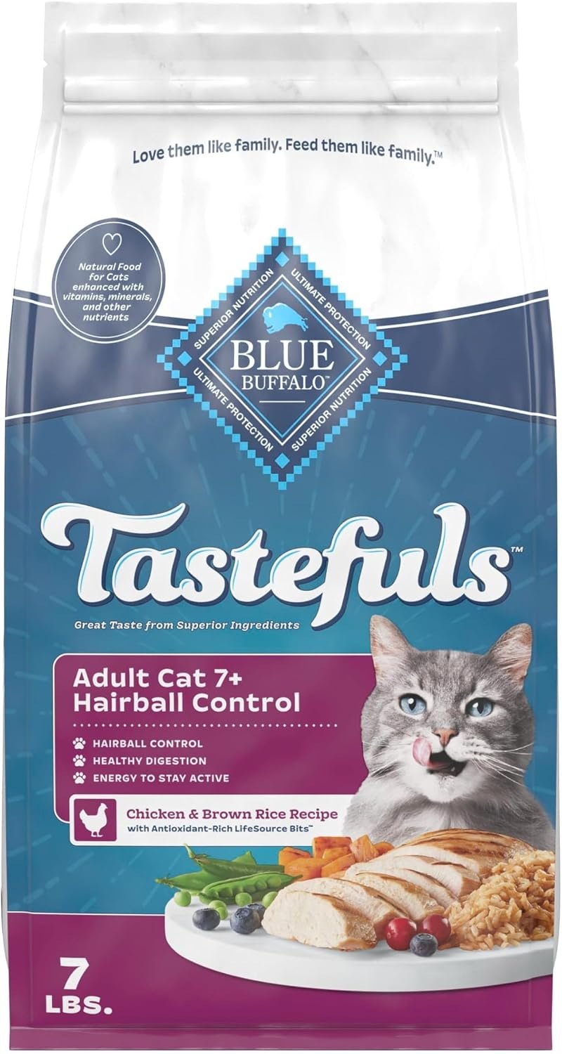 Blue Buffalo Tastefuls Chicken Senior Hairball Control Dry Cat Food, 7 lb | Chicken & Brown Rice Recipe, For Cats 7 Years and Older, Reduces Hairballs, No Corn, Wheat, or Soy