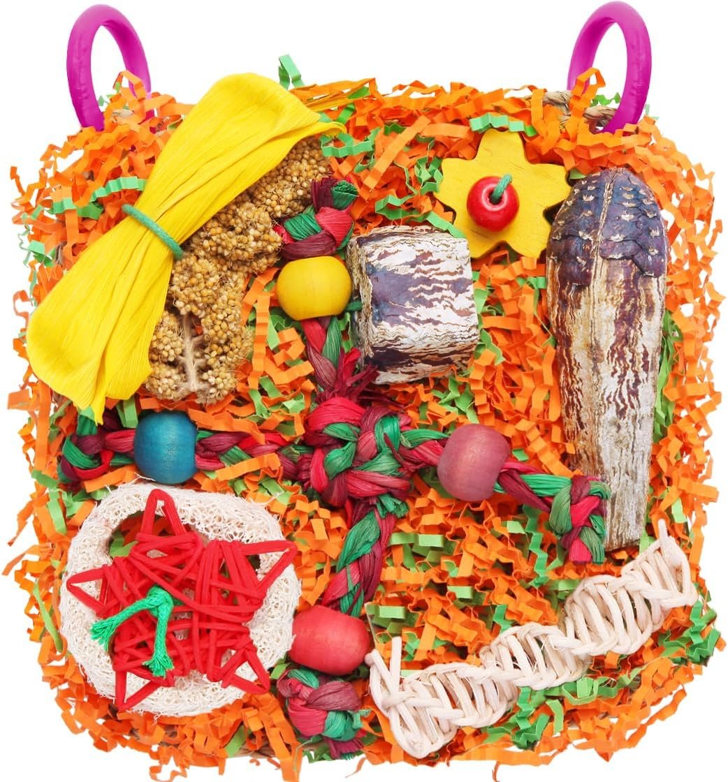 Bird Toys for Small & Medium Parrots – Natural Foraging & Shredding Cage Hanging Toys with Seagrass Mat, Starfruit, Loofah Slices for Budgies, Cockatiels, Lovebirds, Conures (1 PCS)