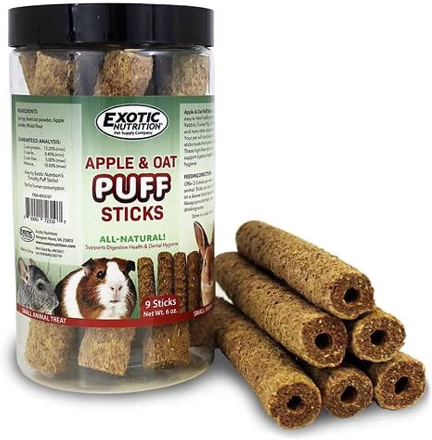 Apple & Oat Puff Sticks (6 oz.) – Healthy Natural High Fiber Chew Treat Made with Oat Hay – Rabbits, Guinea Pigs, Hamsters, Chinchillas, Degus, Prairie Dogs, Squirrels, Skunks, Opossums, Small Pets