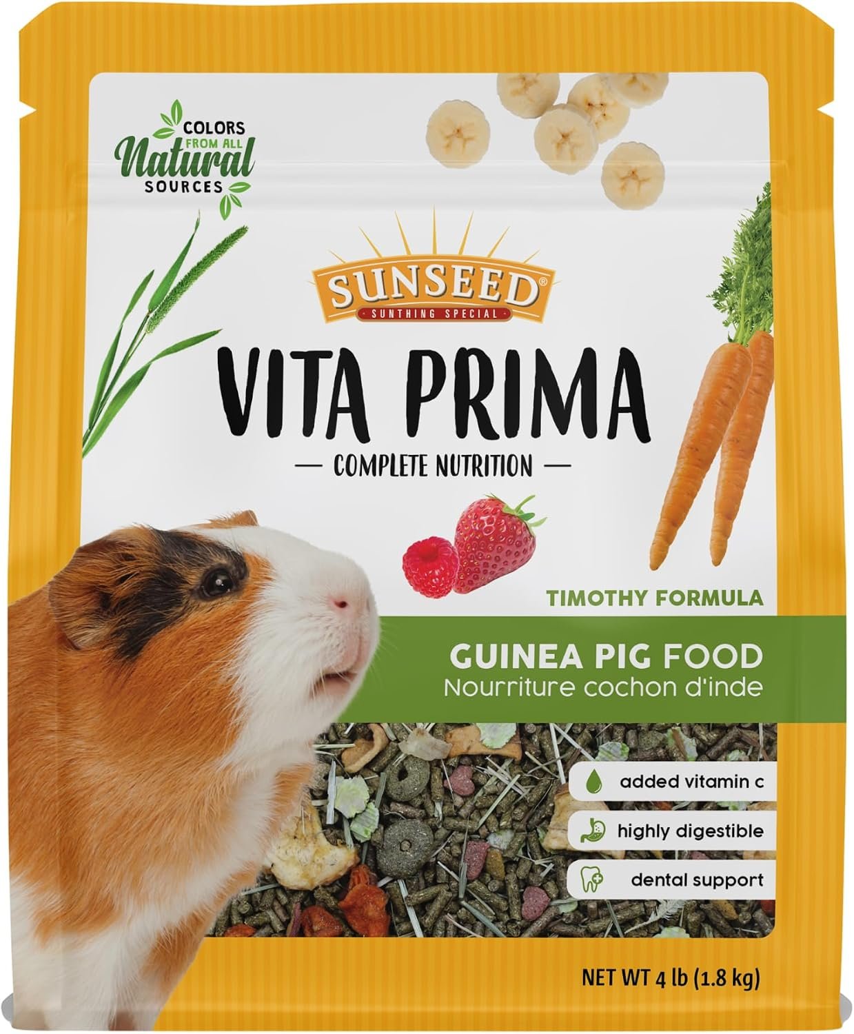 Sunseed Vita Prima Guinea Pig Food 4 lbs. with Timothy Hay, Alfalfa, Vegetables, Seeds Grains, and Added Vitamin C for Wholesome Daily Nutrition and Enriched Small Animal Diet