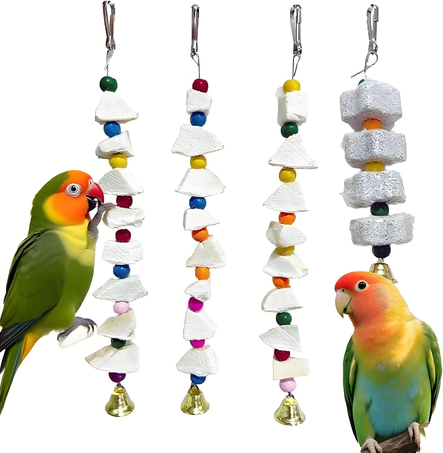 4 Pack Bird Toys with Cuttlebone & Grinding Stone | For budgies, cockatiels, lovebirds & green cheeks, supports beak health, reduces overgrowth, cage mountable