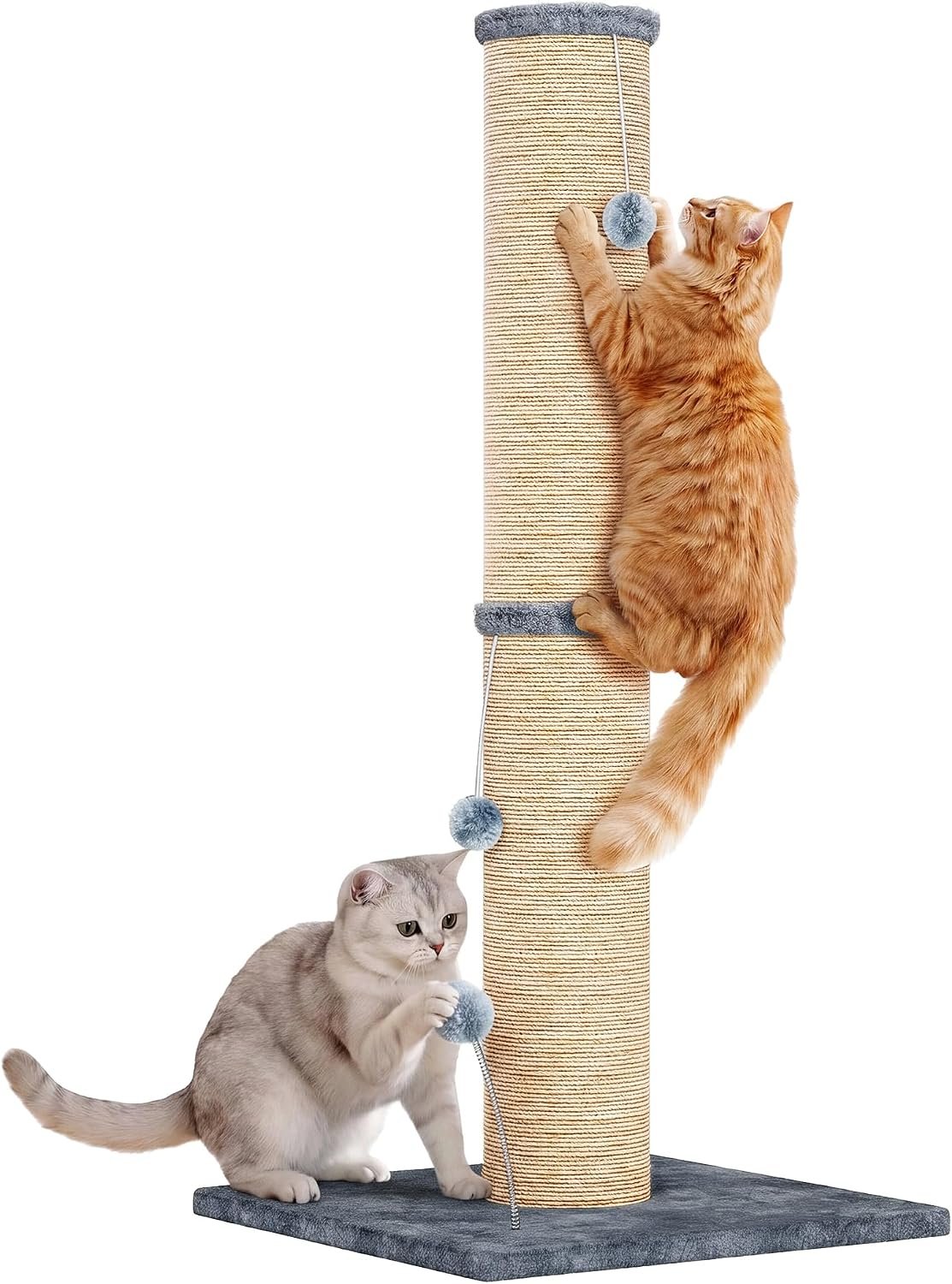 LIKIMIO 41.7″ Cat Scratching Post for Large Cats with 6.2″ Sisal Pole | 41.7″ tall. 6.2″ sisal post. 19.4″ base. 3 hanging balls. Tow ways to use. Gray finish.