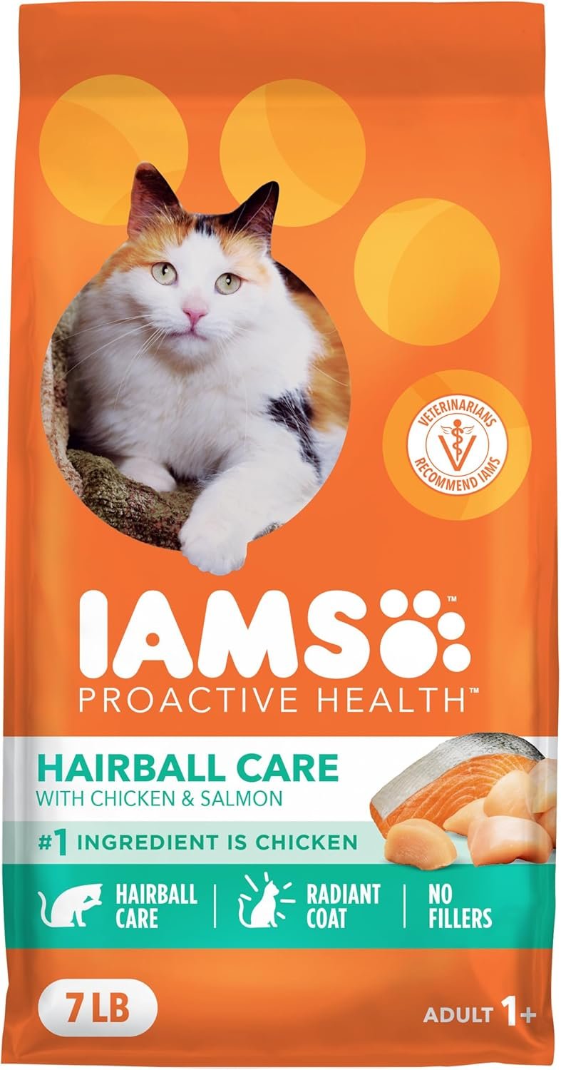 IAMS Proactive Health Hairball Dry Cat Food, Chicken & Salmon, 7 lb | Veterinarian-recommended, reduces hairballs, supports healthy digestion, maintains healthy weight, nourishes heart