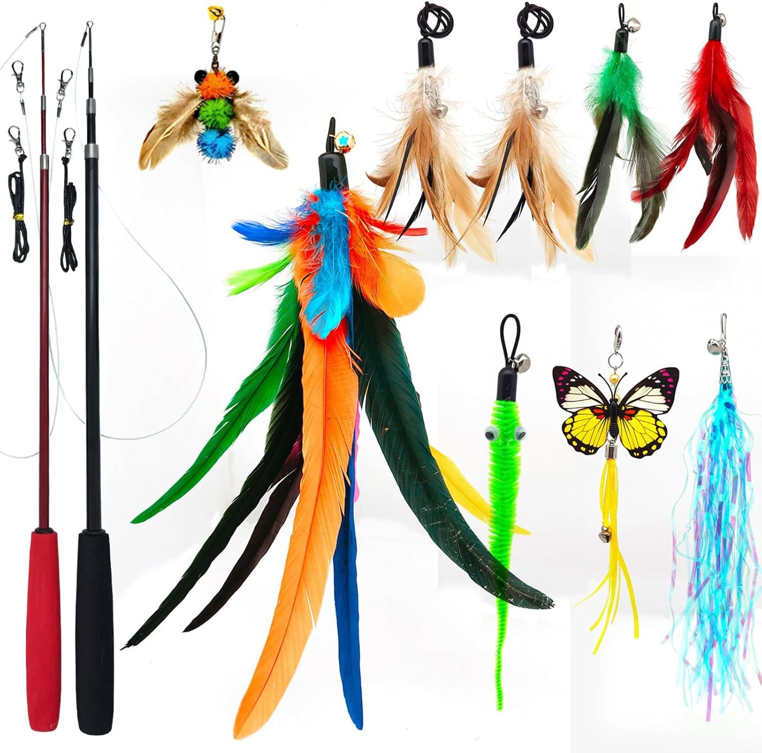 miwoowim 2PCS Retractable Cat Teaser Wands & 9PCS Feather Refills Toy Set | Dual-size telescopic rods (50″ & 38″), da bird feather attachments with bells replacement,interactive fishing pole toys