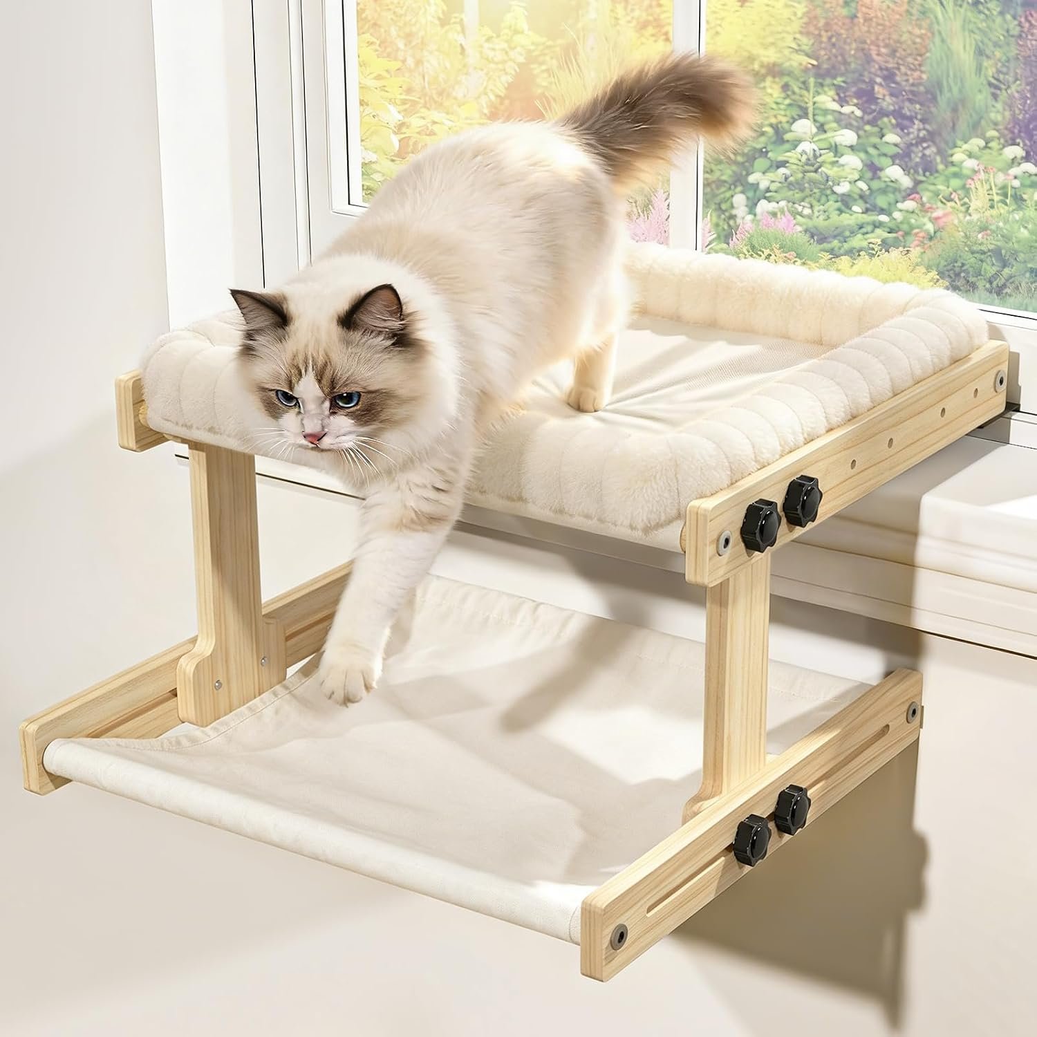 XiaZ Cat Perch for Window Cats Hammock Indoor Bed for Window Adjustable Wooden Frame Bird Watching Sunbathing Space-Saving Double Layer 18 * 16 * 10inch (Small Breeds Recommended)