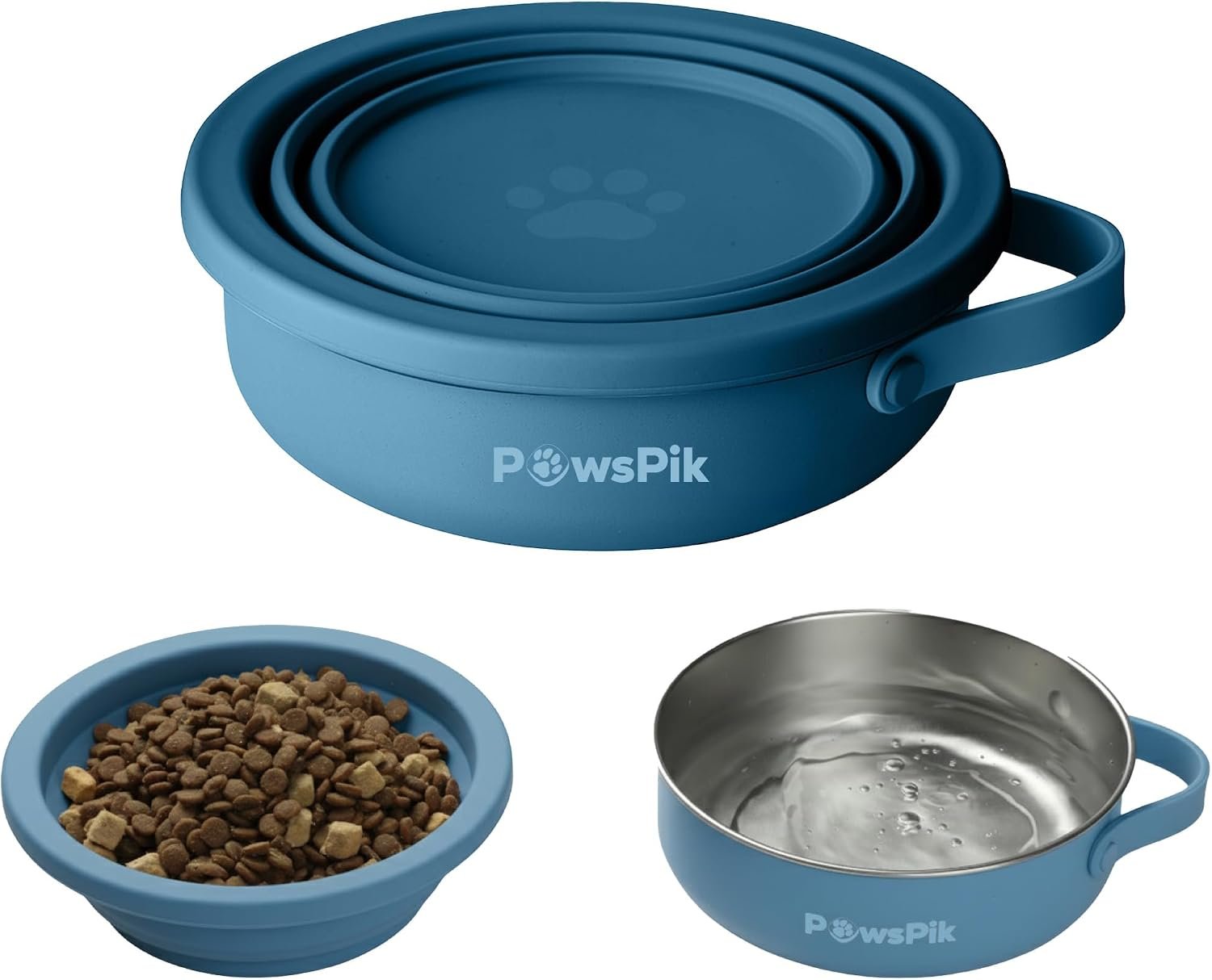 2-in-1 Travel Dog & Cat Bowl – Collapsible BPA-Free Silicone | 18/8 Stainless Steel, Portable & Non-Slip with Handle, Easy to Clean, Food & Water Bowl for On-the-Go Pets