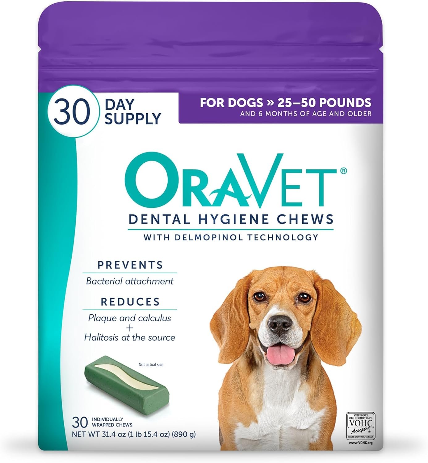 ORAVET Dental Chews for Dogs, Oral Care and Hygiene Chews (Medium Dogs, 25-50 lbs.) Purple Pouch, 30 Count | VOHC-accepted dual-action chew reduces plaque & tartar, freshens breath barrier vet-recommended