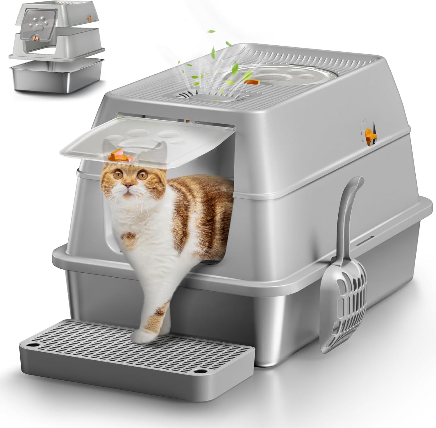 Stainless Steel Cat Litter Box with Removable Lid, XL Enclosed-Grey | High Sided Litter Box with Carbon Filters, Odor Free, Easy Cleaning, Anti-Urine Leakage for Big Cats/Multiples