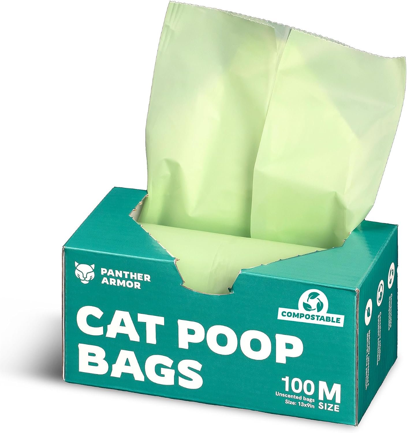 Panther Armor Cat Litter Bags for Poop, 100 Compostable Cat Poop Bags | Unscented pet waste bags 13 x 9 in. Leak proof and odor proof litter disposal. Easy tear dispenser box