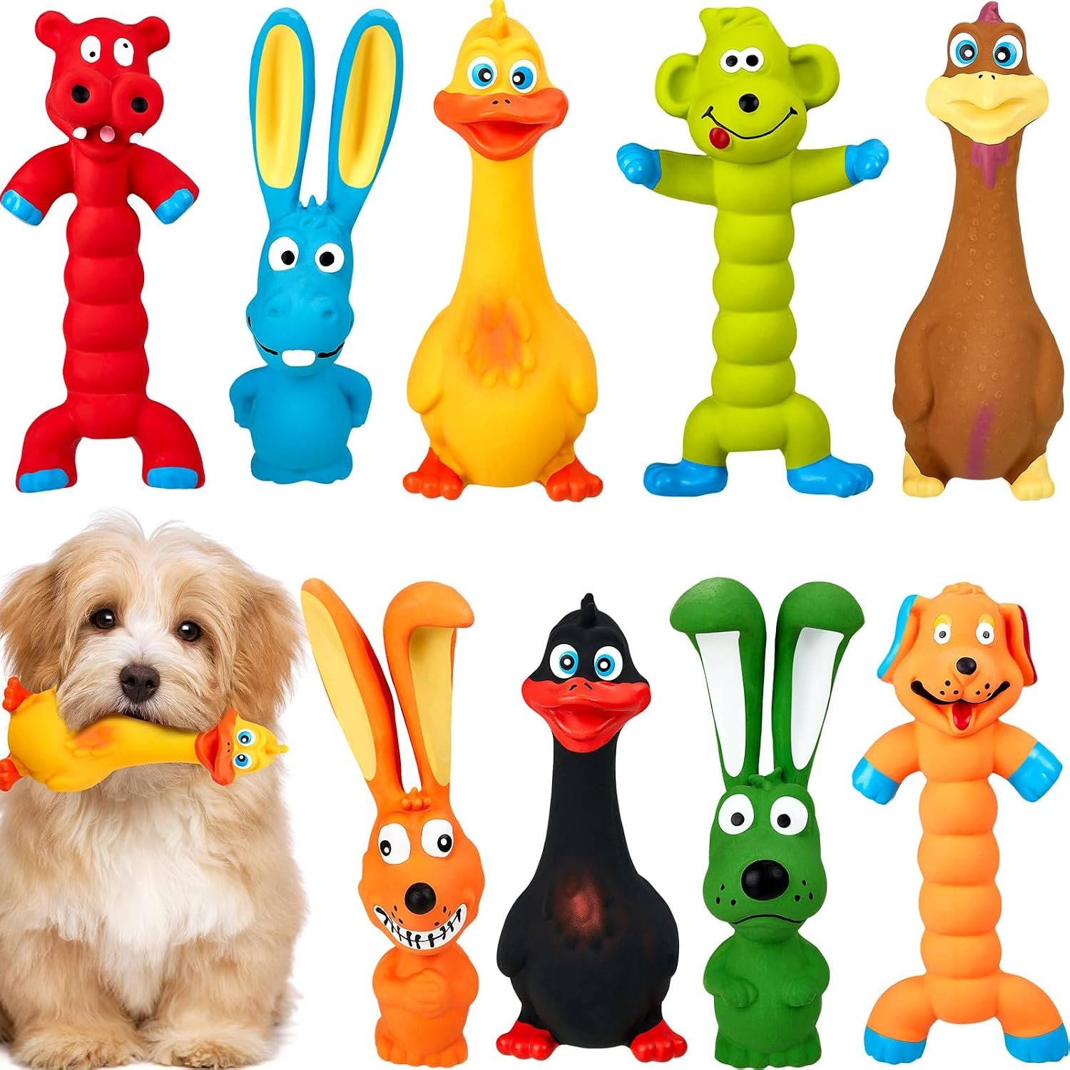 Wettarn 9 Pcs Latex Squeaky Dog Toys 7 Inch Soft Rubber Dog Chew Toy Animal Standing Stick Puppy Fetch Interactive Play Assorted Animal Accessories Gift for Small Medium Large Pet Christmas(Classic)