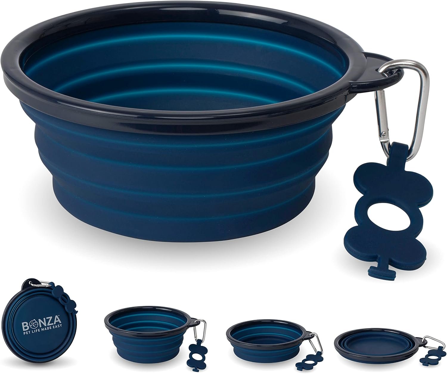 Bonza Collapsible Dog Water Bowl – BPA-Free Silicone Dog Dish – Reinforced Rim Collapsible Bowl – Carabiner Clip Travel Dishes for Pets – for Hiking, Camping & Car Trips – Large 33 Oz, Navy Blue
