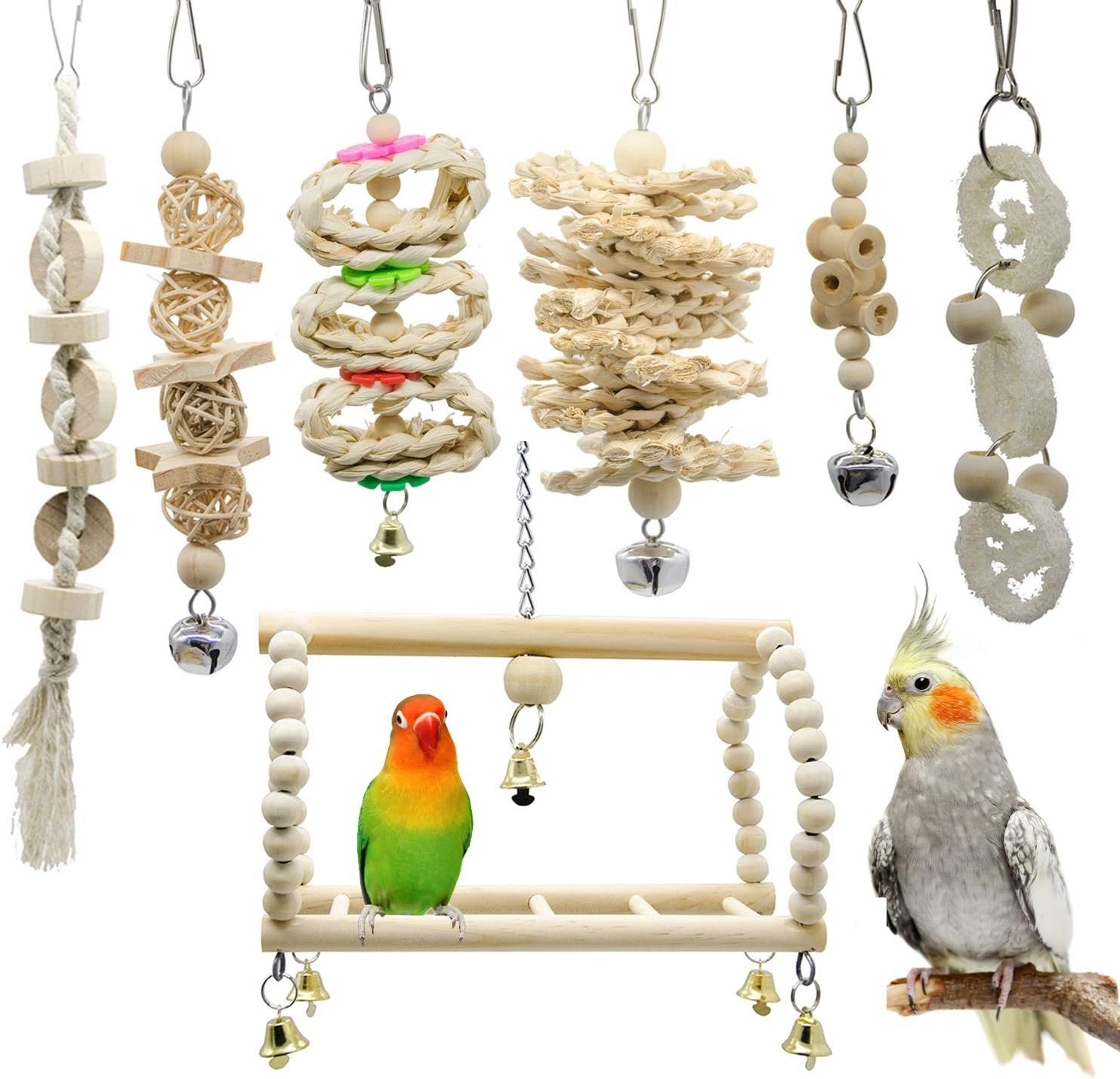 7 Packs Bird Parrot Swing Chewing Toys-Hanging Bell Bird Cage Playing Toys | Hanging Rope and Clip Design, Suitable for Small Parakeets, Cockatiels, Conures, Finches,Budgie,Macaws, Parrots, Love Birds