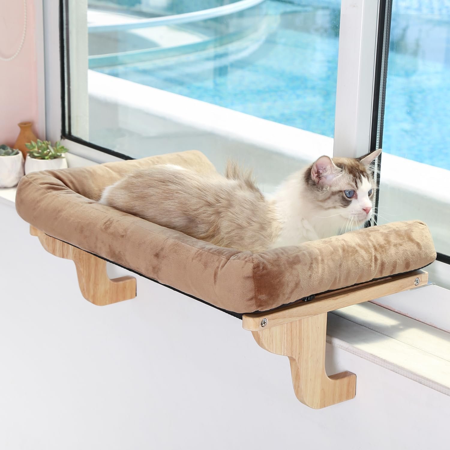Zakkart Cat Perch for Window Sill with Bolster – Orthopedic Hammock Design with Premium Hardwood & Robust Metal Frame – Cat Window Seat for Large Cats and Kittens – Natural Color Wood Brown Bed, 24”W