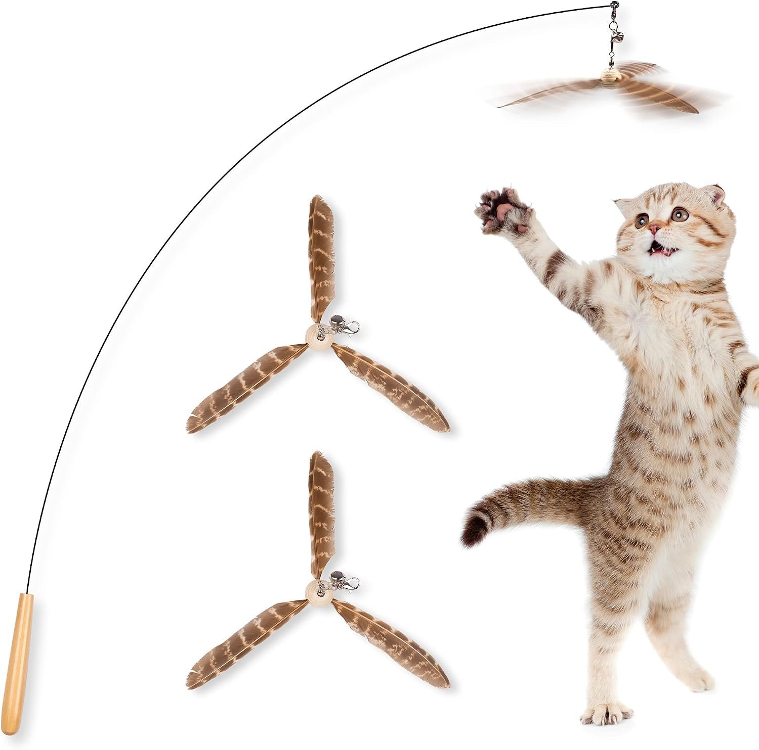 JXFUKAL Cat Wand Toys, Interactive Cat Toys with 3 Feather Refills, 29” Flexible Steel Wire, Sturdy Wood Handle & Bell for Kitty Kitten, Cat Toys for Indoor Cats Teaser Cat String Toy