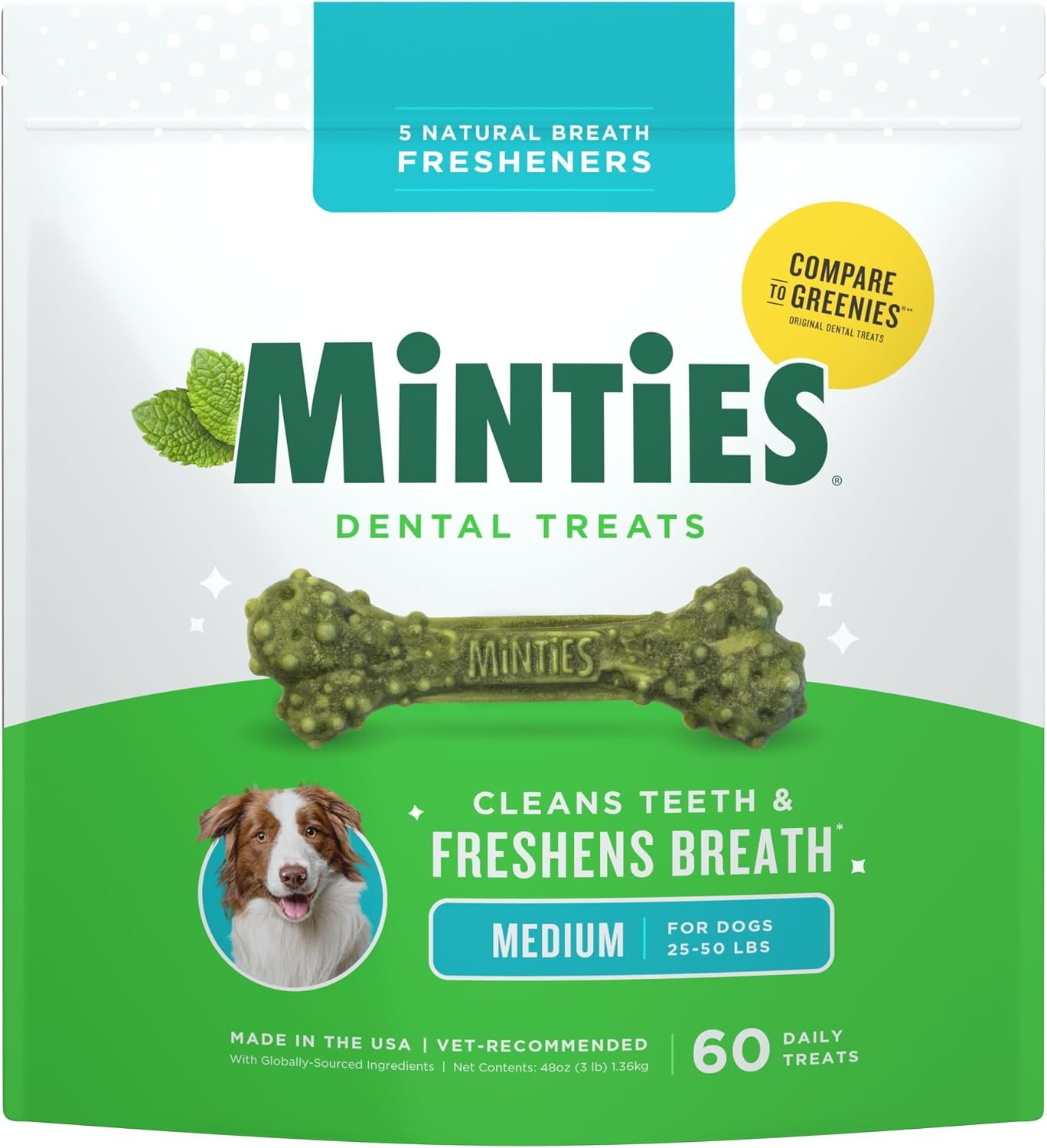 Minties Dental Chews for Dogs, 60 Count, Vet-Recommended Mint-Flavored Dental Dog Treats for Medium Dogs, Bones Clean Teeth, Fight Bad Breath, and Removes Plaque and Tartar | Vet-recommended mint dental bone; scrubs teeth as dogs chew; fights plaque, tartar & bad breath; no soy/wheat/corn
