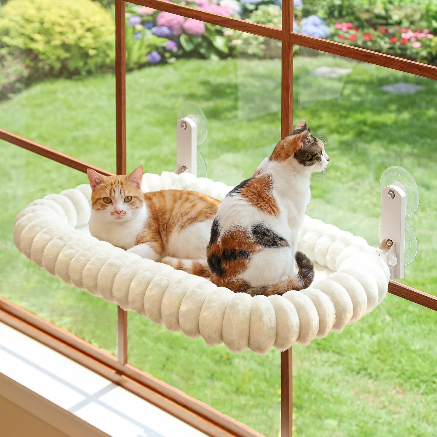 Zakkart SnugCloud Foldable Cat Window Perch – Cordless, Ultra Soft Machine Washable Bed with 4-Sided Bolster, Metal Frame – Window Hammock for Large Cats and Kittens (Cream White, Large)