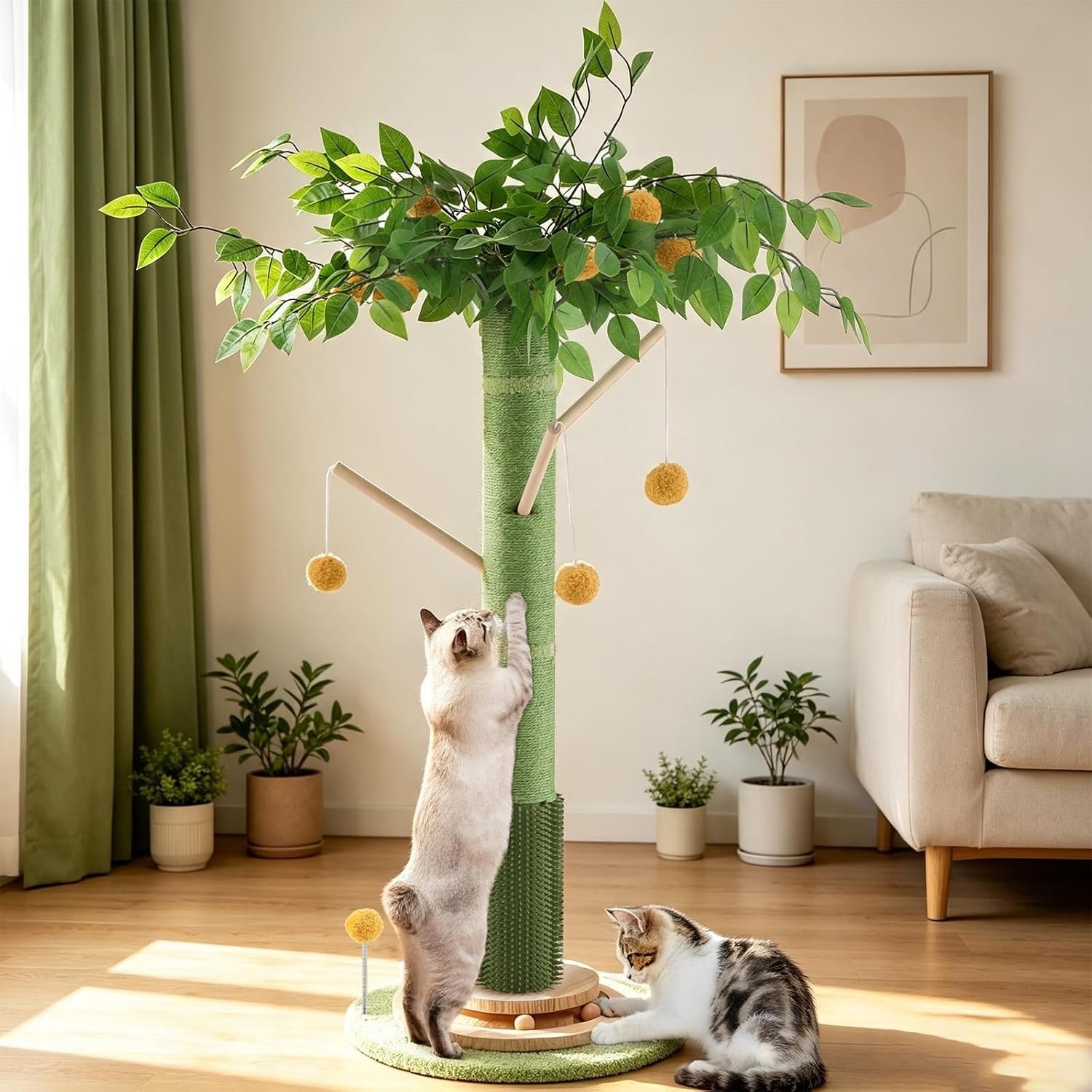 46″ Tall Cat Scratching Post, Natural Sisal Cat Tree for Indoor Adult Cats | Vertical Cat Scratch Post for Body Stretching, Self-groomer Brush, Stable 3-layer Solid Wood Base, Interactive Ball Track Toy