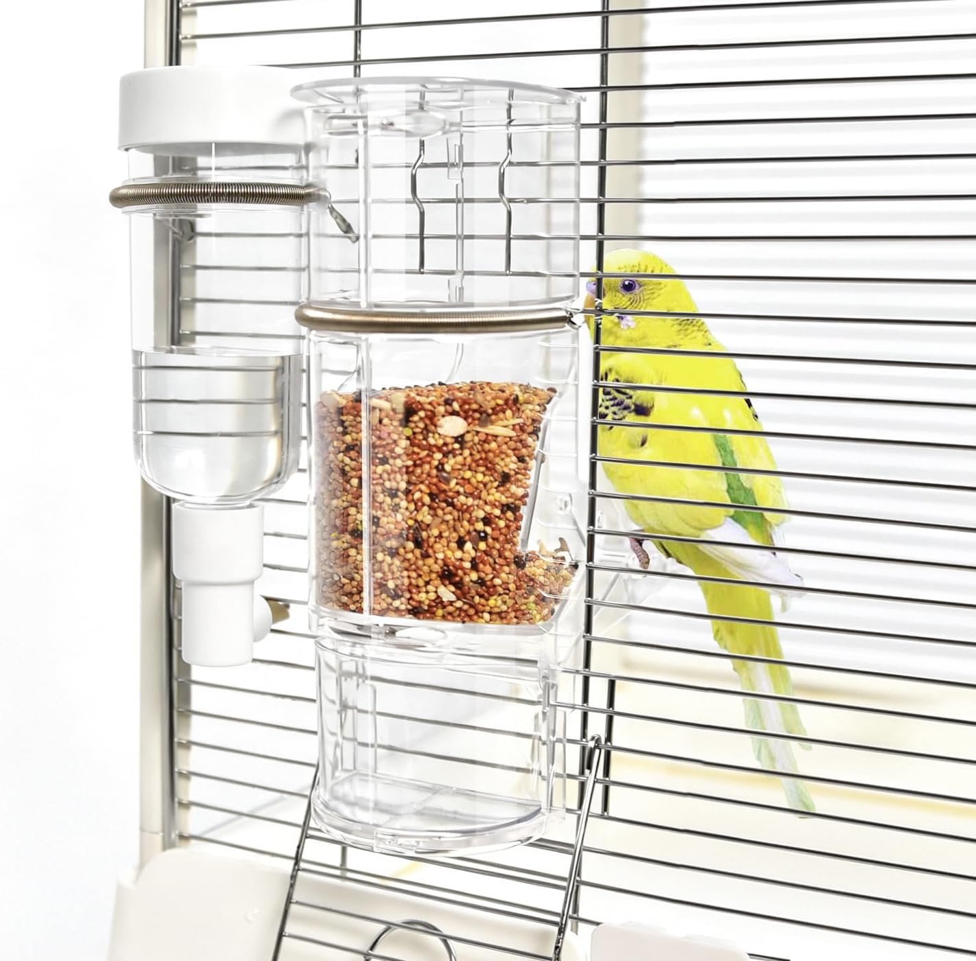Automatic No-Mess Bird Feeder & Water Set | Auto-Refill No-Mess Bird Feeder, Clear Acrylic, for Cockatiels Budgies Lovebirds Canaries, Easy Install, 2-in-1 Set