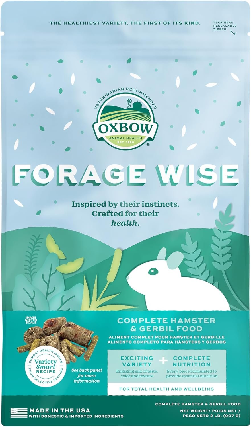 Oxbow Forage Wise Hamster & Gerbil Food, Enriching Foraging Mix, 2 lb | High-Fiber Hamster Pellets, Gerbils & Dwarf Hamsters, Vitamin & Mineral Rich Daily Diet, Complete Nutrition, Made in USA