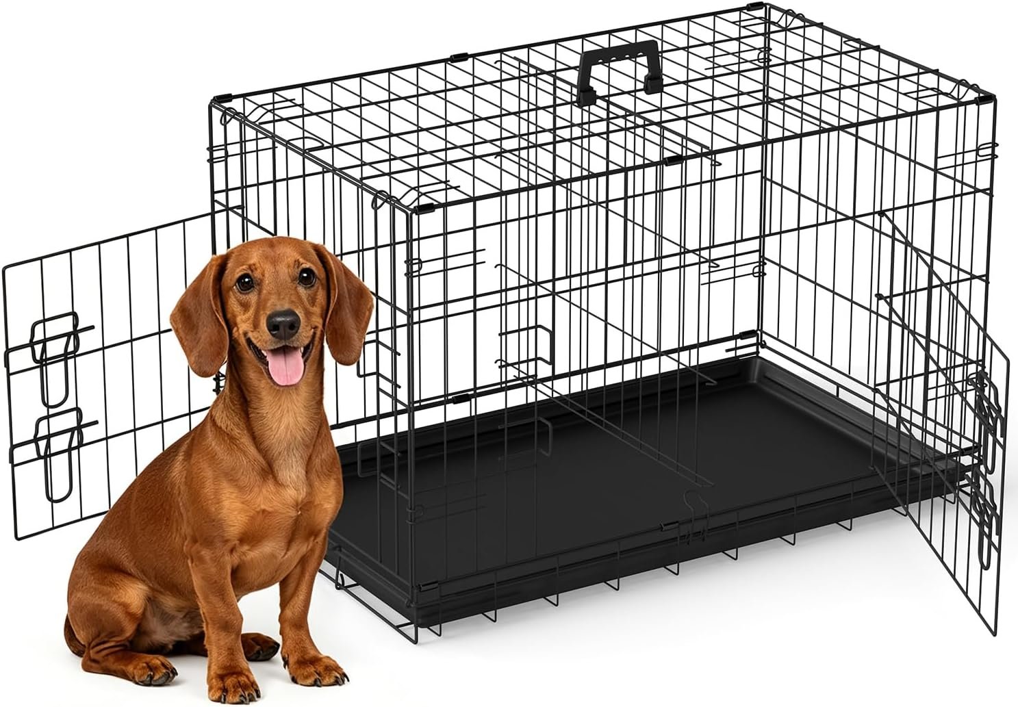 FDW | 30″ Foldable Metal Dog Crate | Black | Cage for Medium Dogs | Heavy Duty, Portable Wire Kennel with Double Door, Divider & Leak-Proof Tray | For Training, Home, Travel Indoor/Outdoor Use