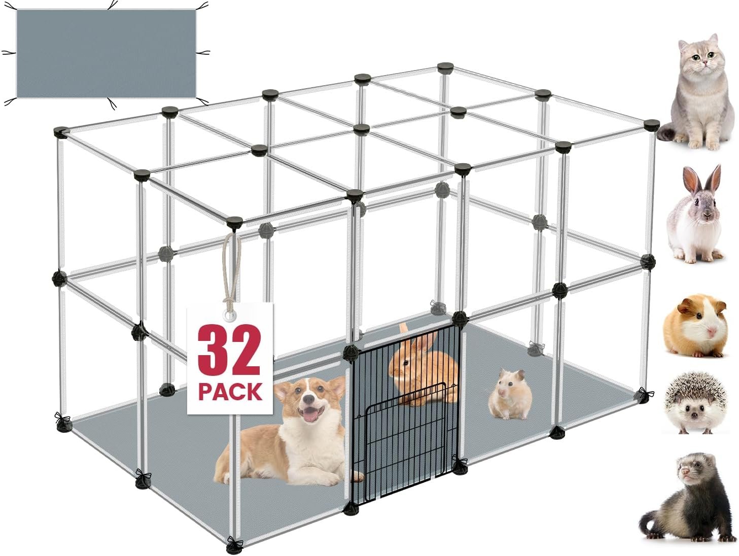 VISCOO 32 Panels Small Animals Playpen,48″x32″x24″Transparent Pet Playpen | Portable Puppy Play Pen for Indoor Outdoor with Waterproof Mat, Pet Fence for Guinea Pigs,Bunny,Ferrets,Hamsters,Hedgehogs