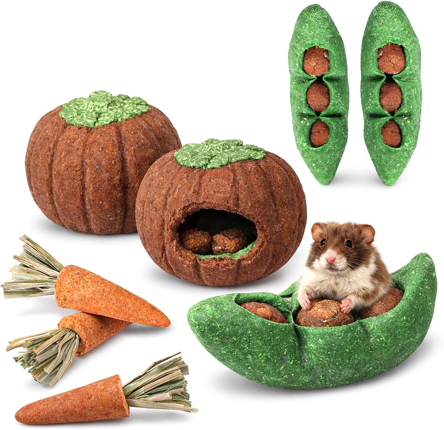 HERCOCCI 8Pcs Guinea Pig Chew Toys, Hamster Toys Prevent Excessive Teeth Growth Natural Vegetables Carrot and Timothy Grass for Guinea Pig Rabbit Chinchillas Gerbil