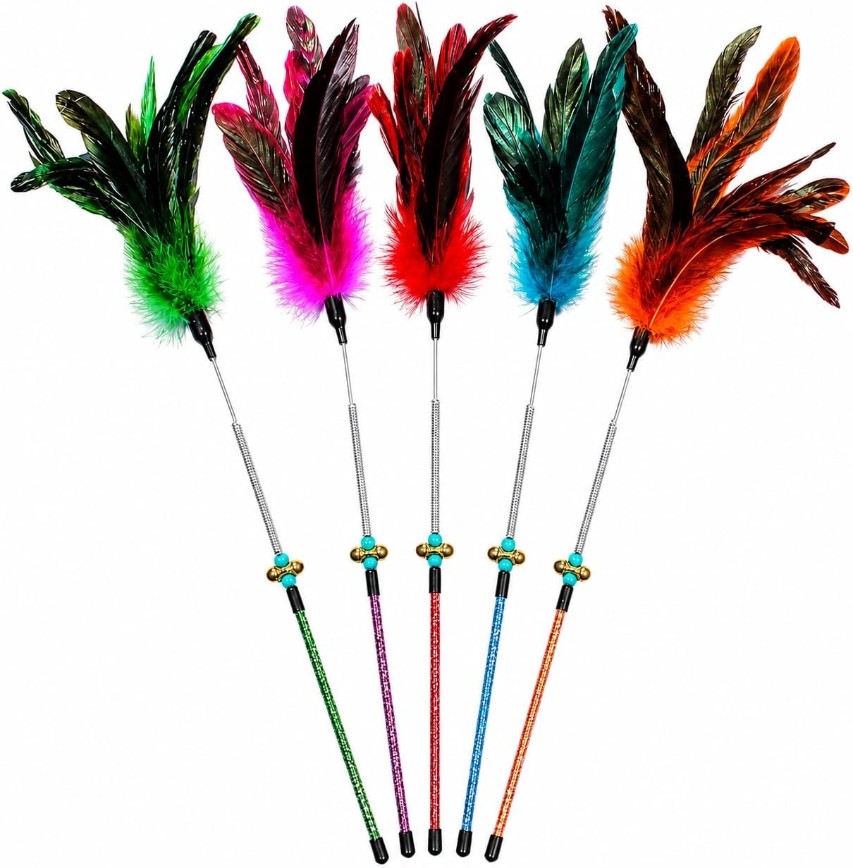 Cat Feather Wand Toy Set – 5 Different Feather Styles in One Pack – Interactive Wand Toys for Indoor Cats and Kittens – Durable Spring Design for Engaging Playtime