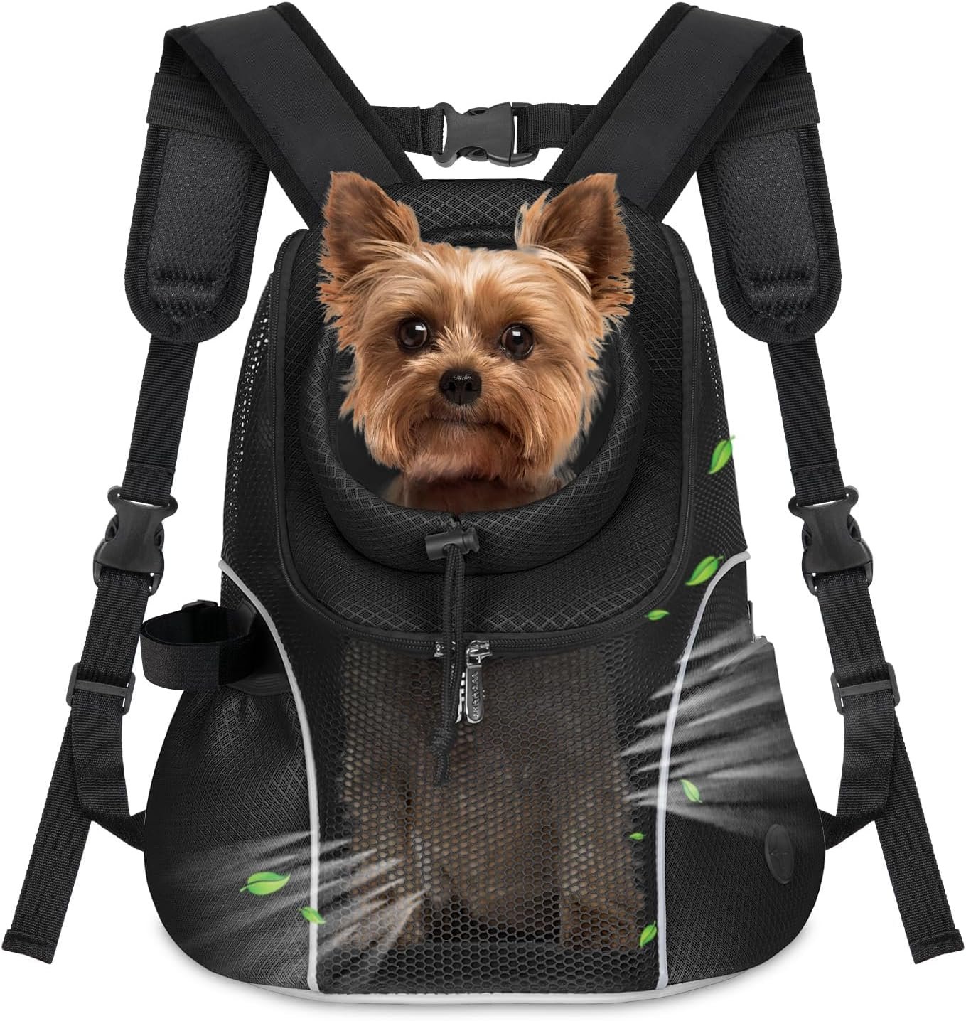 WOYYHO Pet Dog Carrier Backpack, Ventilated Mesh Small Dog Front Backpack | Breathable Puppy Back Pack, with Safety Belt, Storage Pockets, for Travel Hiking Cycling Outdoor Adventures, Black, M