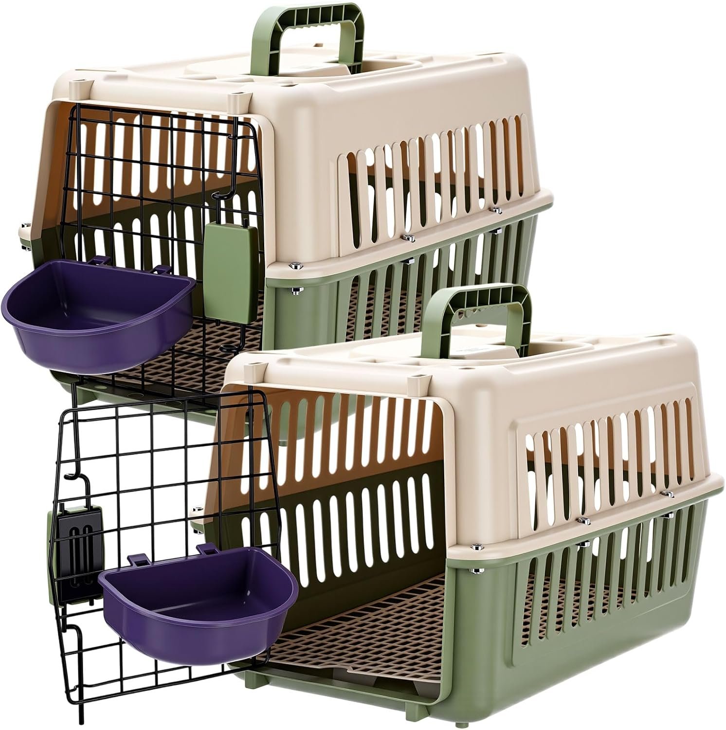 2 Set Hard Plastic Pet Carrier Breathable Dog Cat Kennel with Metal Door Bowl Grille Mat Pet up to 14 Lbs Carrier for Walking Camping Vet Visits Travel, 17.3″L x 11.8″W x 10.6″H(Green White)