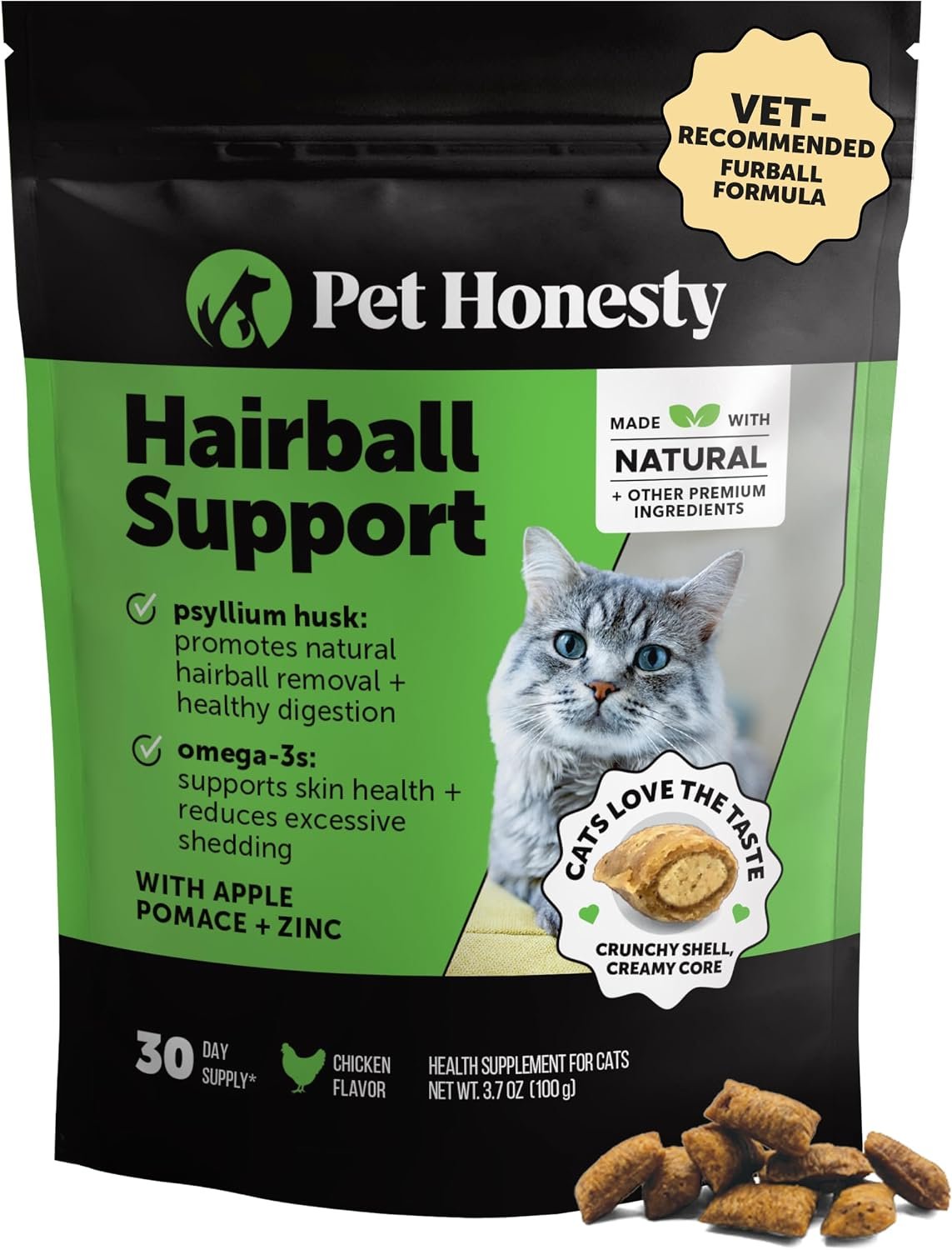 Cat Hairball Remedy Treats – Dual Texture Crunchy Creamy Hairball Treatment for Cats, Furball Relief Control Supplement with Fiber, Fish Oil for Indoor Cats Skin Coat Digestion (30-Day Supply)