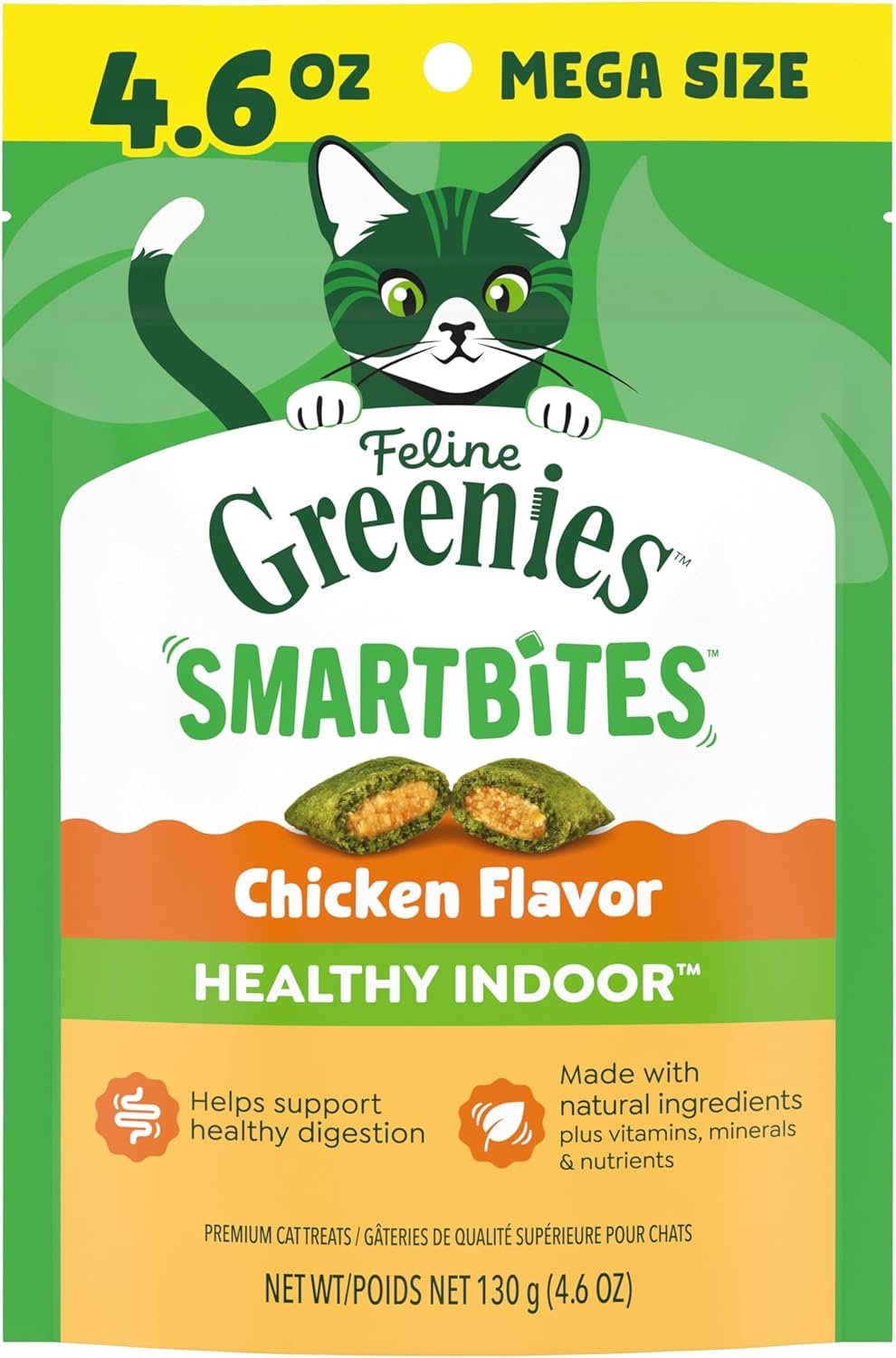 Greenies Feline Smartbites Healthy Indoor Cat Treats, Chicken, 4.6 oz | Veterinarian-recommended, Fiberblend Formula, supports digestion, under 2 cal per treat, natural ingredients, dual texture