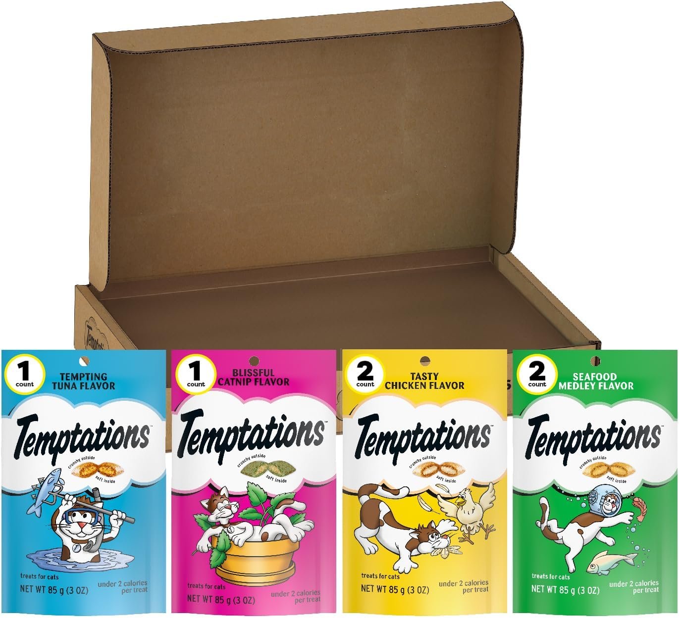 Temptations Classic Feline Favorites Crunchy Cat Treats, 3 oz, 6 Pack | Feline Favorites variety, under 2 cal per treat, 100% complete & balanced for adult cats, resealable pouches, use as snack